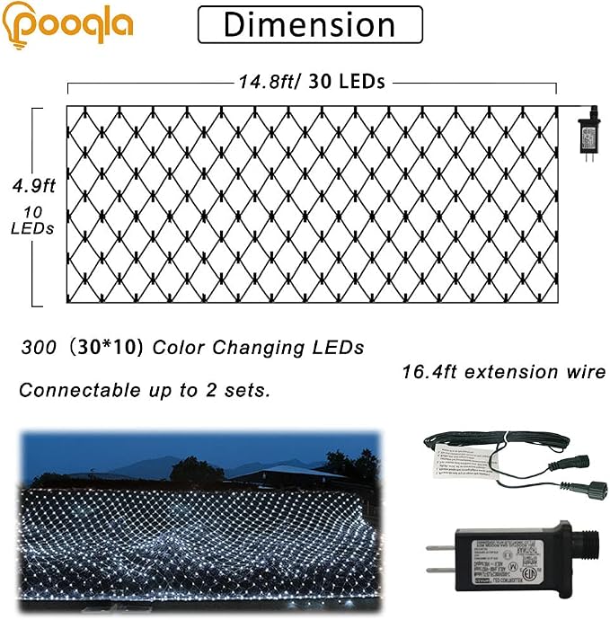 Pooqla Cool White Net Lights, 15x 5ft Christmas Lights Outdoor Green Wire | 300 LED Large Net Mesh Lights Plug in, 8 Modes Waterproof Connectable Bushes Lights for Christmas Hedge Yard Decor