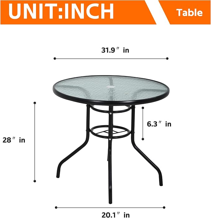 32" Patio Table with with Umbrella Hole, Round Outdoor Dining Table Bistro Table with Glass Table Top, All Weather Small Outdoor Table for Pool, Lawn, Backyard, Balcony