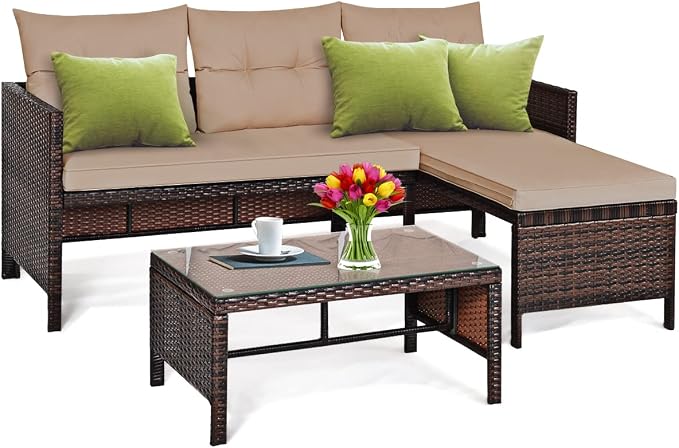 DORTALA Wicker Patio Furniture Set Couch 3 Piece, L-Shaped PE Rattan Outdoor Sectional Sofa Conversation Set with Loveseat, Lounge and Tempered Glass Coffee Table for Garden Lawn Deck, Brown