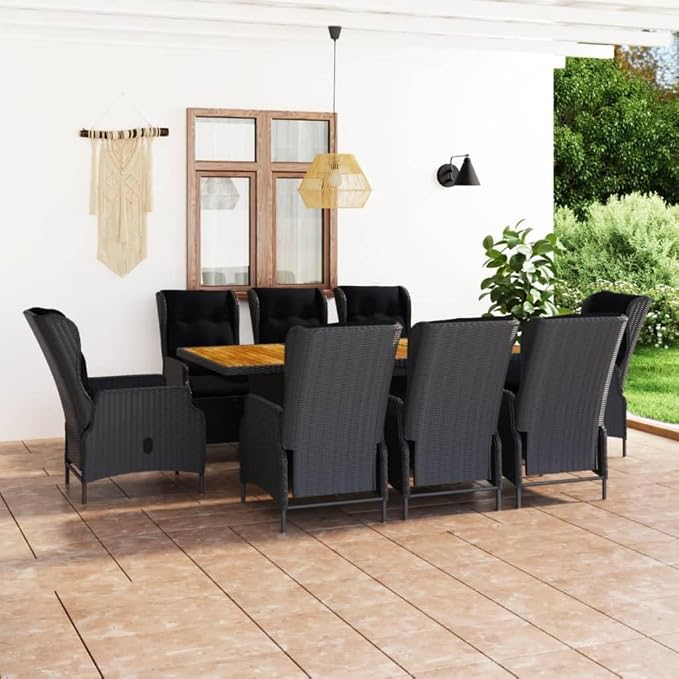 9 Piece Patio Dining Set with Cushions Poly Rattan Dark Gray | Powder-Coated Steel Frame, Solid Wood Tabletop, Adjustable Backrest, Easy to Clean