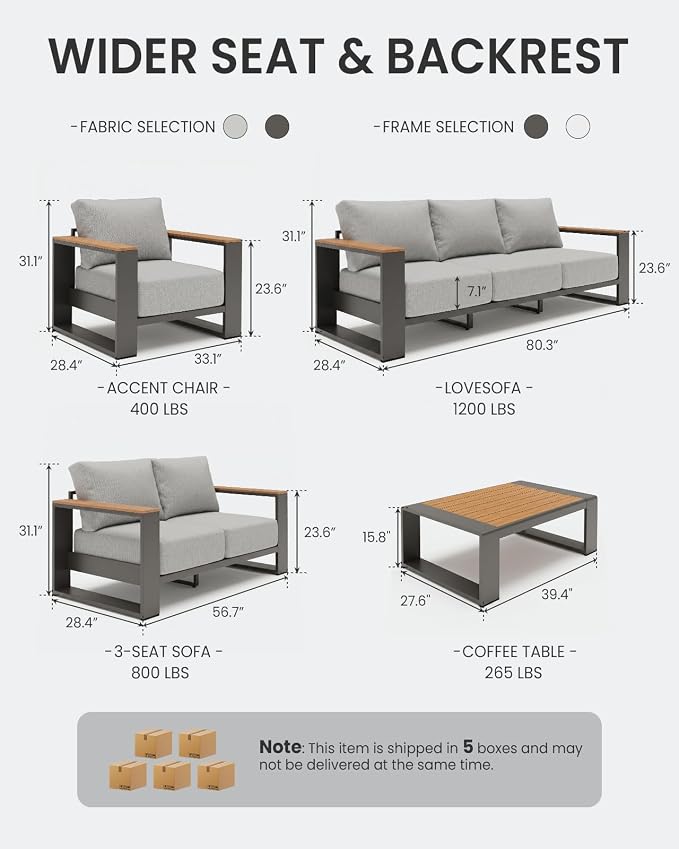Oversized Aluminum Patio Furniture Set, 5 Pieces Luxury Outdoor Furniture Set with 7.1" Extra Thick Cushion, Modern Outdoor Sectional with Coffee Table for Porch, Garden and Deck, Gray