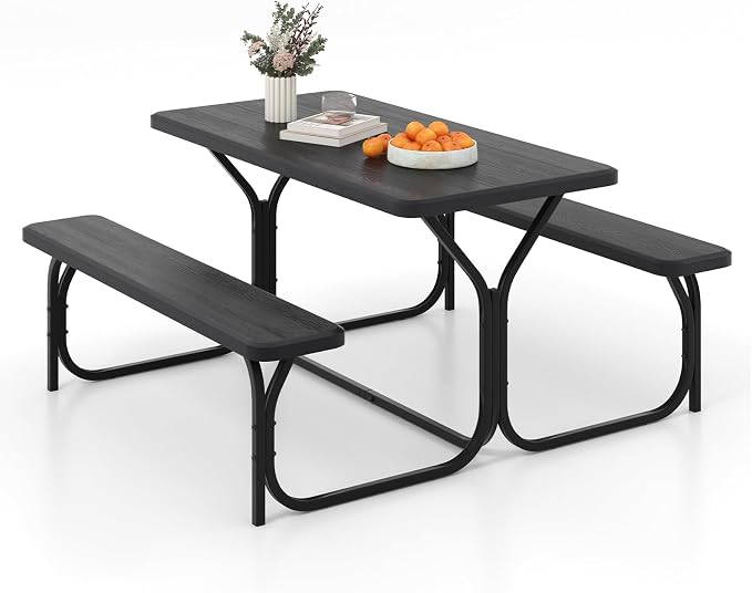 S AFSTAR Picnic Table, 59” Plastic Picnic Table with Benches, Steel Frame & Wood-Like Texture Tabletop, Expanded Rectangular Camping Table Chair Set for Garden Patio Lawn Deck (Black)