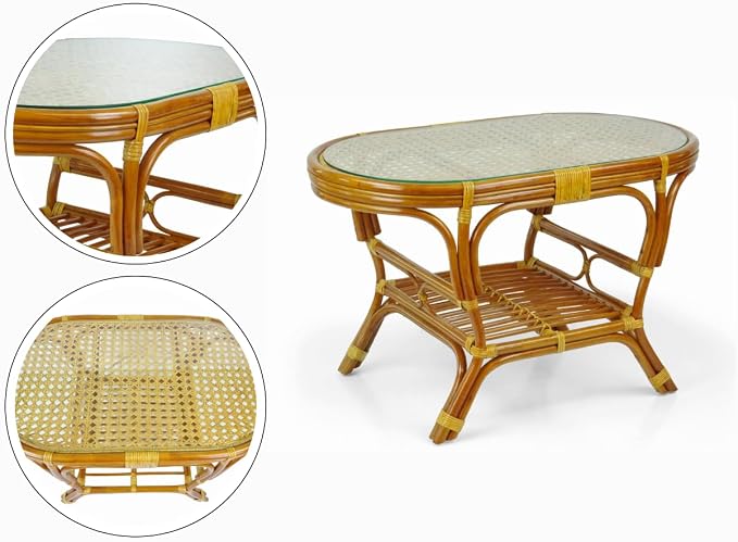 Malibu Lounge Set of 4: 2 Natural Rattan Wicker Chairs, Three-Seater Sofa with Cushions and Coffee Table with Glass Handmade, Colonial Color