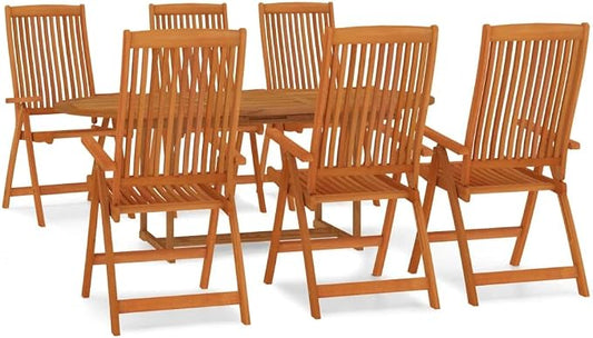 7-Piece Solid Eucalyptus Wood Patio Dining Set, Reddish-Brown | Includes 1 rectangular table and 6 chairs with a protective oiled finish, seating 6 people for backyard dining.