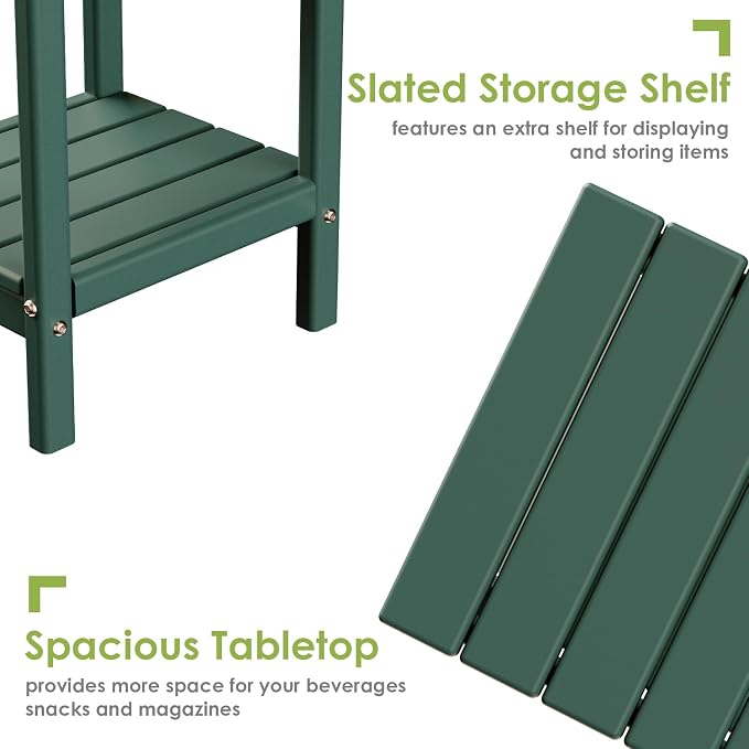 GREENVINES Adirondack-Outdoor-Side-Table | Set of 2 | 14 x 13 Inches | HDPE Plastic | All Weather | Forest Green | Outside End Tables | Storage Shelf | for Patio Porch Backyard Indoor