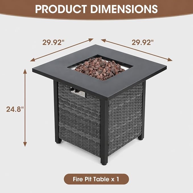 Square PE Rattan Propane Fire Pit Table, 30 Inch Outdoor Gas Firepit Table with Metal Tabletop & Lava Rocks, 50000 BTU Weather Resistant Patio Fire Pit for Backyard Garden Deck Porch