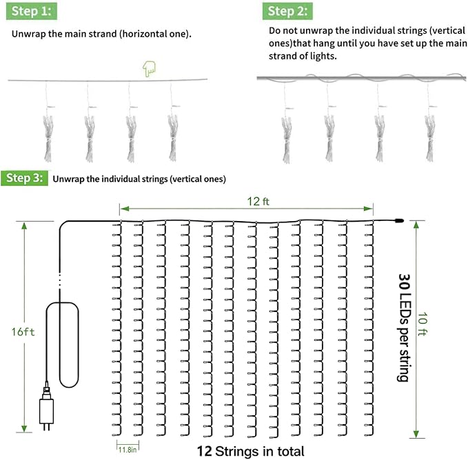 Solhice LED Curtain Lights Outdoor 12ft x10ft, 360 LED Plug in Hanging String Lights Indoor Bedroom, Twinkle Light Backdrop for Outside Wedding Decor, Warm White (Not Connectable)