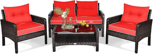 HAPPYGRILL 4-Piece Patio Furniture Set Outdoor Rattan Wicker Sofa Set with Cushions & Coffee Table, Conversation Sofa Set with Tempered Glass Table Top and Storage Shelf