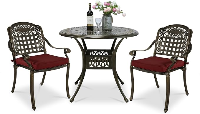 VIVIJASON 3-Piece Outdoor Patio Bistro Set, All-Weather Cast Aluminum Furniture Dining Sets Include 2 Cushioned Chairs and 35.4" Round Table w/Umbrella Hole for Balcony, Garden, Backyard, Red Cushion