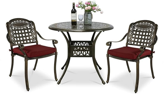 VIVIJASON 3-Piece Outdoor Patio Bistro Set, All-Weather Cast Aluminum Furniture Dining Sets Include 2 Cushioned Chairs and 35.4" Round Table w/Umbrella Hole for Balcony, Garden, Backyard, Red Cushion
