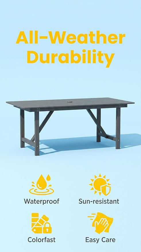 Amopatio HDPE Patio Outdoor Dining Table for 6 All Weather 67'' Rectangular Table with Umbrella Hole for Porch Deck Garden Backyard Poolside