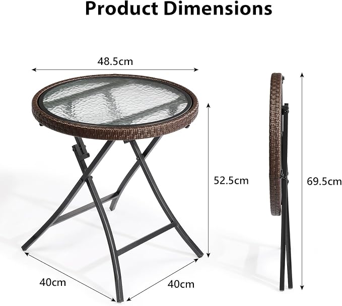 Outdoor Side Table, Folding Glass Outdoor Side Table with Woven Rattan Border, Small Foldable Patio Table with Tempered Glass Table Top for Lawn & Garden, Balcony, Porch and Pool, Round, 1 Pack