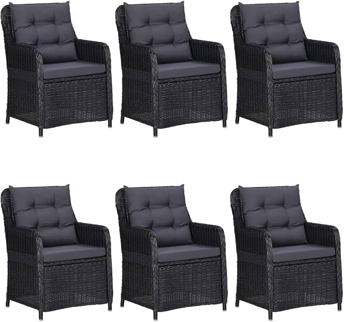 7 Piece Patio Dining Set Black Outdoor Dining Table with 6 Chairs PE Rattan Steel Frame Weatherproof Glass Top for Garden Backyard Lawn Deck Entertaining