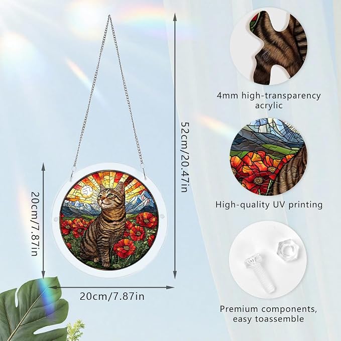 Acrylic Puzzle Suncatcher, Cat & Flower Stained Glass Window Hanging, Sun Catcher Puzzle Kit Home Garden Decor, Creative Mothers Day and Birthdays Gifts for Mom, Wife, Sisters, 7.87 inch