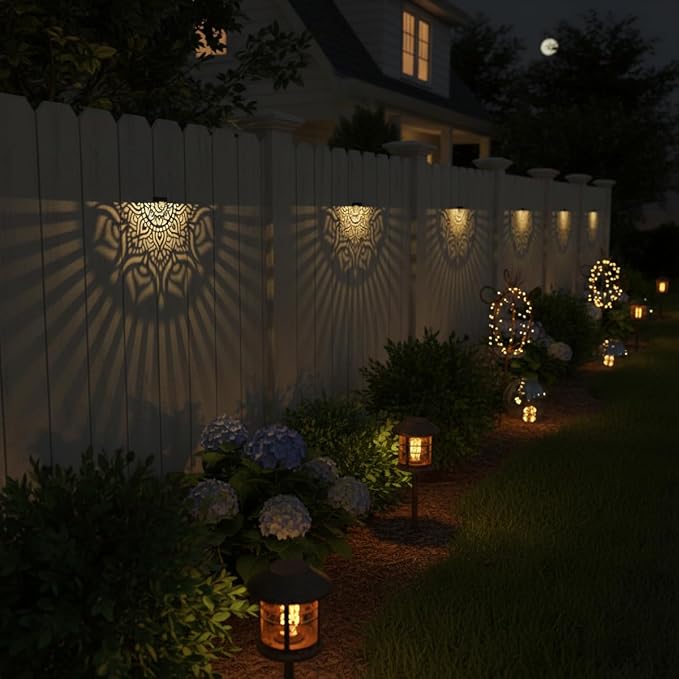 4 Pack Solar Fence Lights Outdoor Wall Lights Plastic Solar Powered Deck Step Stair Lights Mandala Theme Waterproof Fence Solar Light for Garden Post Patio Yard Decor, Gardening Gifts for Women Mom