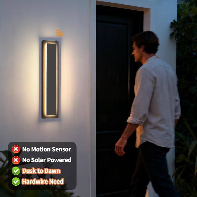 tewei 23.6'' Dusk to Dawn Outdoor Wall Lights, Modern Black LED Outdoor Wall Sconce, Large Long Exterior Lighting Fixtures Outside Porch Lights for House, Garage, Warm White 3000K, 2 Pack