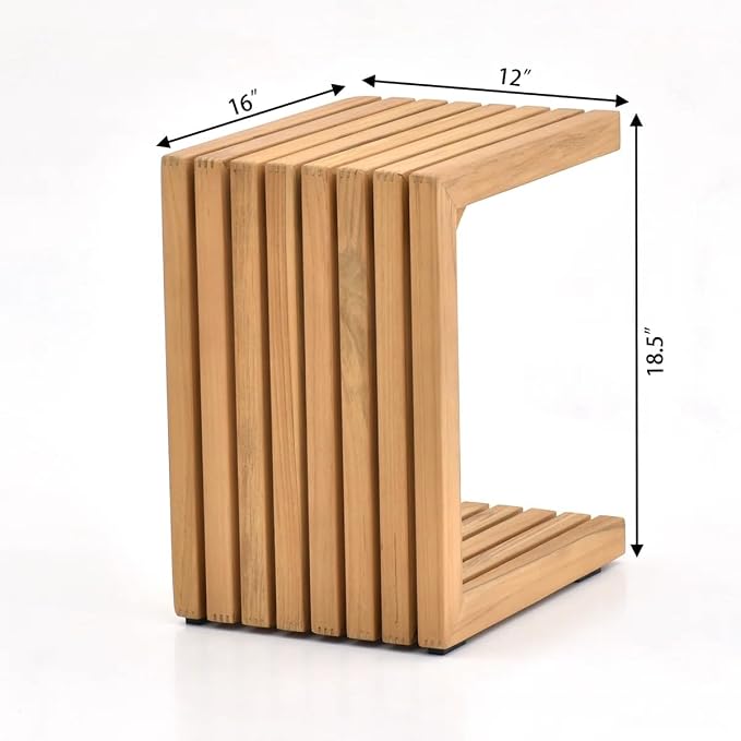 OTSUN Teak Solid Wood C-Shape Sofa Side Table, Pure Simple Form Outdoor Side Table for Patio Sofa Armrest, No Assembly Minimalist Wooden End Table for Porch & Garden