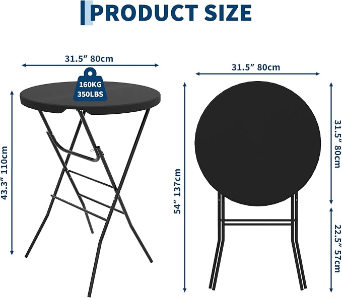 Garvee 32" Folding Cocktail Table, HDPE Round High Top Table with Metal Frame & Locking Legs, Folding Bar Table for Patio Backyard Indoor & Outdoor Events, Black