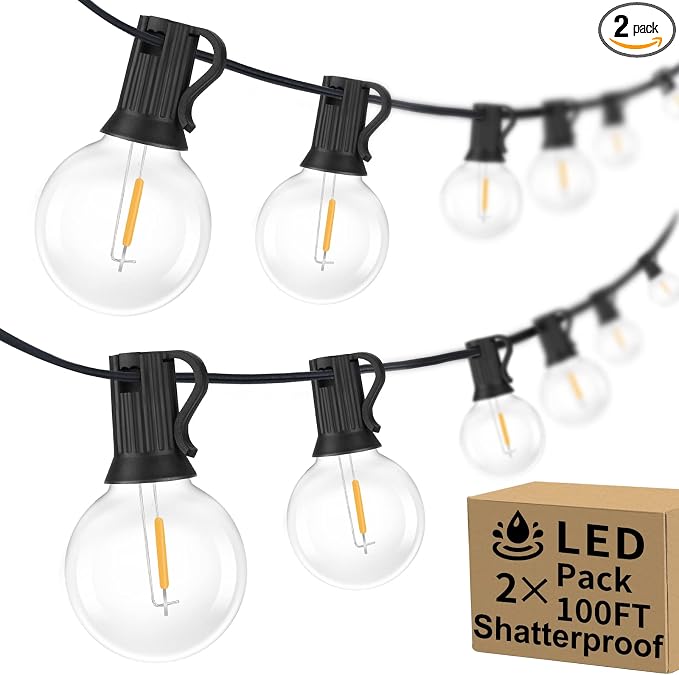 200ft(100*2) Outdoor G40 LED Globe String Lights Dimmable Waterproof Shatterproof Light Strings with 103 Bulbs Connectable Commercial Hanging Lights for Christmas Patio House Backyard Balcony Party | Light Strings with 103 Shatterproof Bulbs, Connectab...