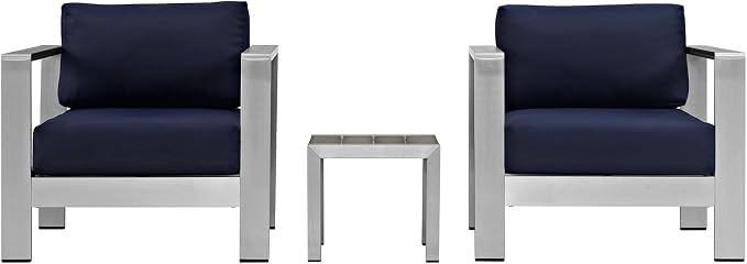 Modway Shore 3-Piece Aluminum Outdoor Patio Furniture Set in Silver Navy