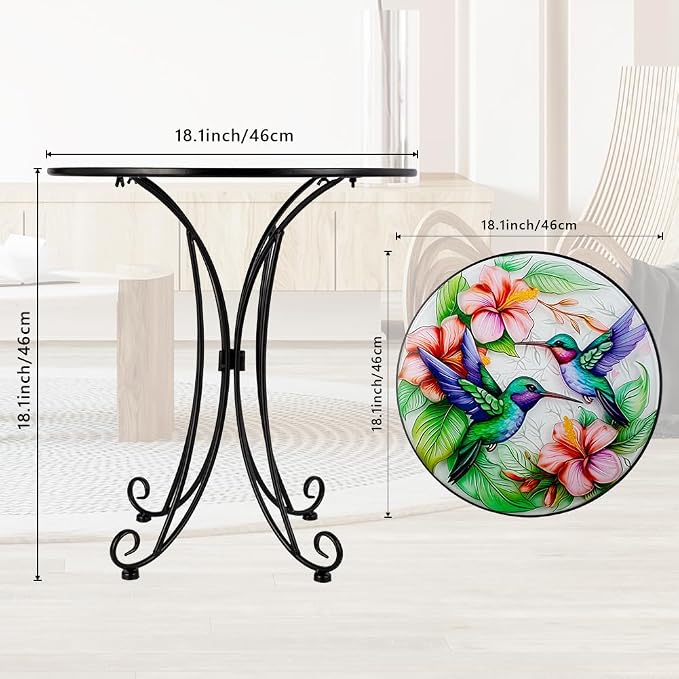 18 Inch Outdoor Side Table, Hummingbird Metal Accent Table, Indoor Small Round End Table, Plant Stand Tables for Outside Yard Balcony Garden Bedside