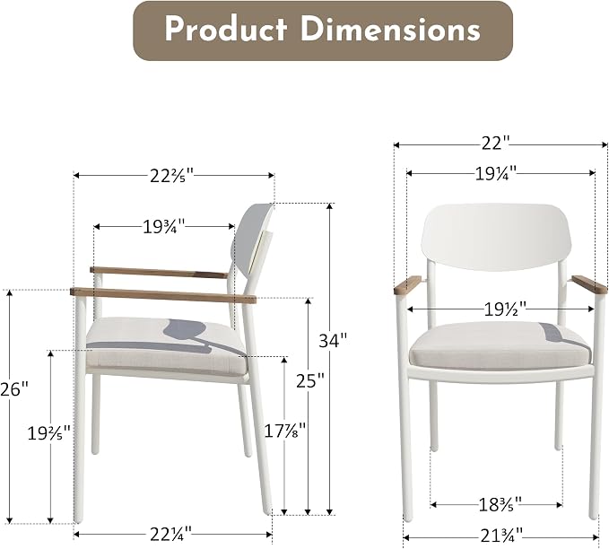 Modern Shade Lusso Outdoor Dining Chairs Set of 2, Fade Resistant, All-Aluminum Outdoor Chairs with FSC Teak Wood Armrests, Weather-Resistant Patio Chair with Quick Dry Cushion, White