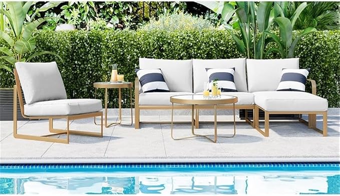 Afuera Living Modern Outdoor Side Table, 20" D x 20" W x 22" H, French Gold Metal Frame, Tempered Glass Top, Stylish Patio End Table for Drinks, Snacks, or Decorative Accents