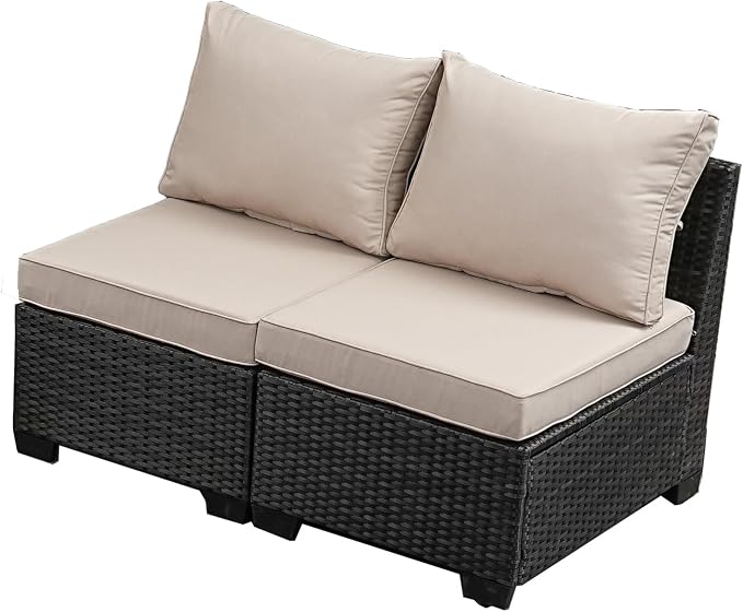 JOYURE 2 Pieces Patio Furniture Set, Outdoor Sofa with Waterproof Cushions, Rattan L Shaped Patio Couch, Modern Outdoor Furniture for Backyard, Deck, Balcony – Beige
