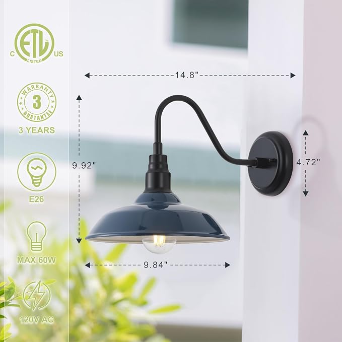 10 Inch Dome Gooseneck Lights Outdoor, Indigo Blue Exterior Barn Light for House, Outdoor Farmhouse Lights Fixture, Outside Wall Sconce Lighting for Porch, Garage, Front Door