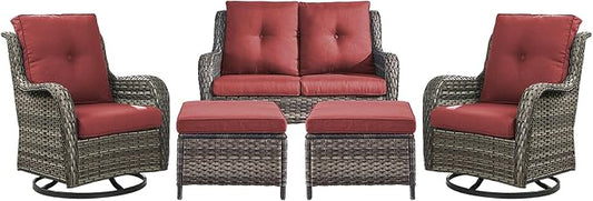 Rilyson Wicker Patio Furniture Set - 5 Piece Rattan Outdoor Sectional Conversation Sets with 2 Rocking Swivel Chairs,2 Ottomans and 1 Loveseat for Porch Deck Garden(Mixed Grey/Red)