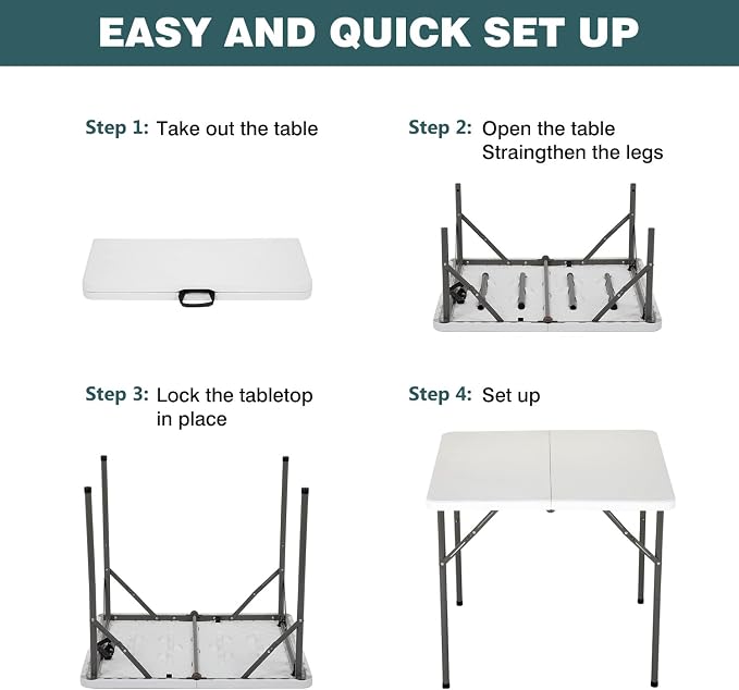 FDW 34" Square Outdoor Dining Table, Foldable Portable Plastic Folding Card Table with Built in Carrying Handle and Height Adjustable for Party and Wedding Use, White