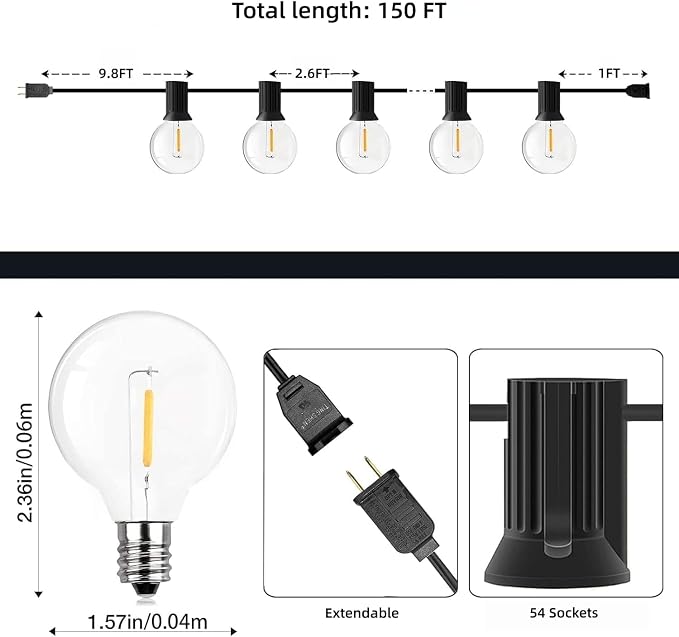 GPATIO Outdoor String Lights, 150FT G40 Bulbs Shatterproof Patio Lights, Waterproof Dimmable Hanging Outdoor Lights, Connectable LED Outside Lights for Backyard Yard Gazebo Porch Party
