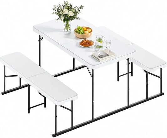 YITAHOME 4.5ft Folding Picnic Table with Benches, Heavy Duty 4.5 ft Picnic Tables for Outdoors, Portable Outdoor Table with Center Lock & Non-Slip Feet for Backyard, Camping, Beach, White