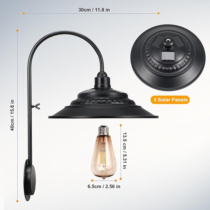 Solar Barn Lights Upgrade, 1PC Waterproof Wall Light Fixture, Rustic Vintage Metal Gooseneck Solar Wall Mount Lights with Gold Interior, for Outdoor Barn Shed Garage Porch (Black)