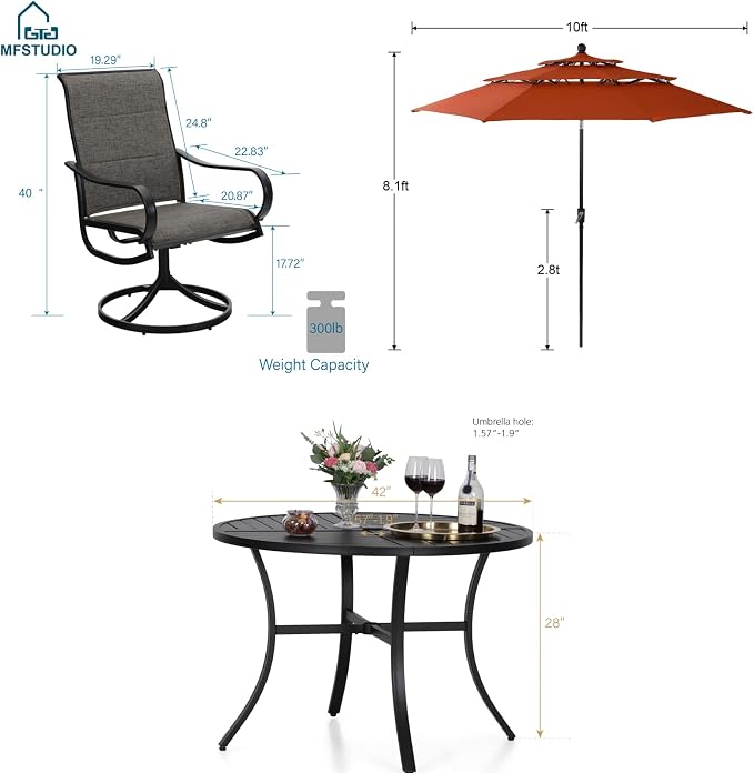 MFSTUDIO Patio Dining Set for 4, Outdoor Furniture Set with Orange Red Umbrella (Base not Included), 42" Round Table and 4 Swivel Chairs for Patio, Deck, Backyard, Garden