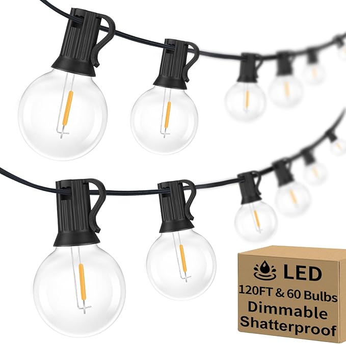 120FT Outdoor G40 LED Globe String Lights Dimmable Waterproof Shatterproof | Light Strings with 60 Bulbs Connectable Commercial Hanging Lights for Christmas Patio House Backyard Balcony Party