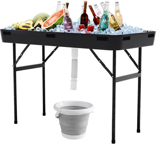 4 Foot Ice Tables for Parties with Drain, Ice Cooler Folding Table with Removable Matching Skirt, Party Ice Bin Table, Cooler Table Outdoor, Ice Table for BBQ, Camping & Picnic, Black