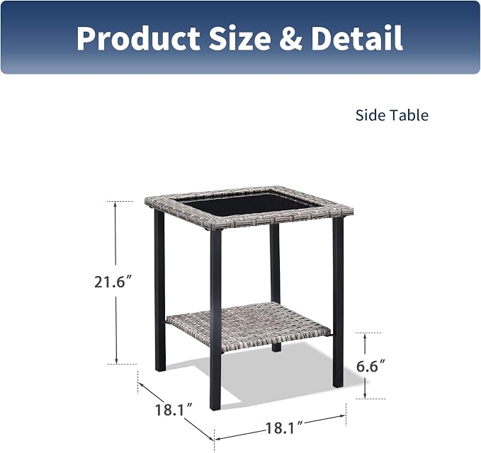 Patio Tables Wicker Side Table, Outdoor End Table with Storage Shelf, Patio Furniture Side Table for Sofa, Swivel Chairs, Garden, Balcony - Square/Grey