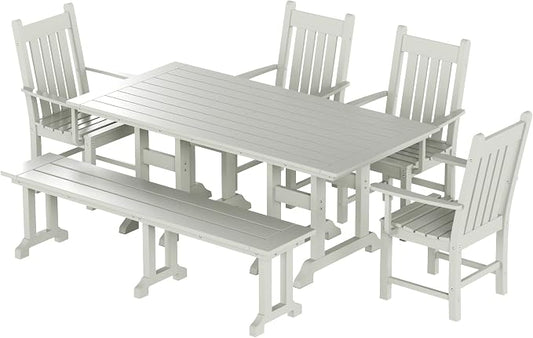 WO Home Furniture Adirondack Patio Dining Chair Table Bench Set of 6 PCS Rectangle Dinner Table Dining Arm-Chairs (Sand)