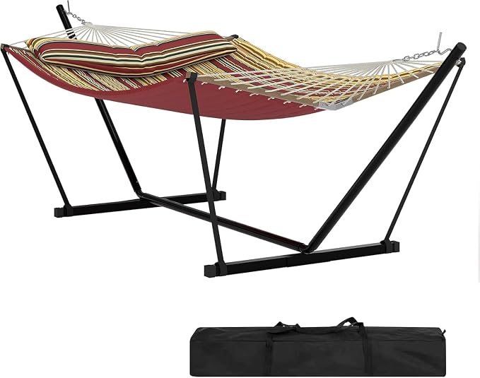 2 Person Hammock with Stand for Outdoor, 475 Lbs Capacity, Heavy Duty Portable Hammock with Adjustable Steel Stand for Patio, Garden, Beach, Backyard - Includes Carrying Bag