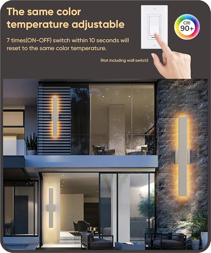 Aipsun 2 Packs Nickel Outdoor Wall Light 23.6inch Modern LED Exterior Wall Sconce, Long LED Linear Exterior Lights 3000K 4000K 6000K for Entrance, Hallway, Garage, Porch(3CCT)