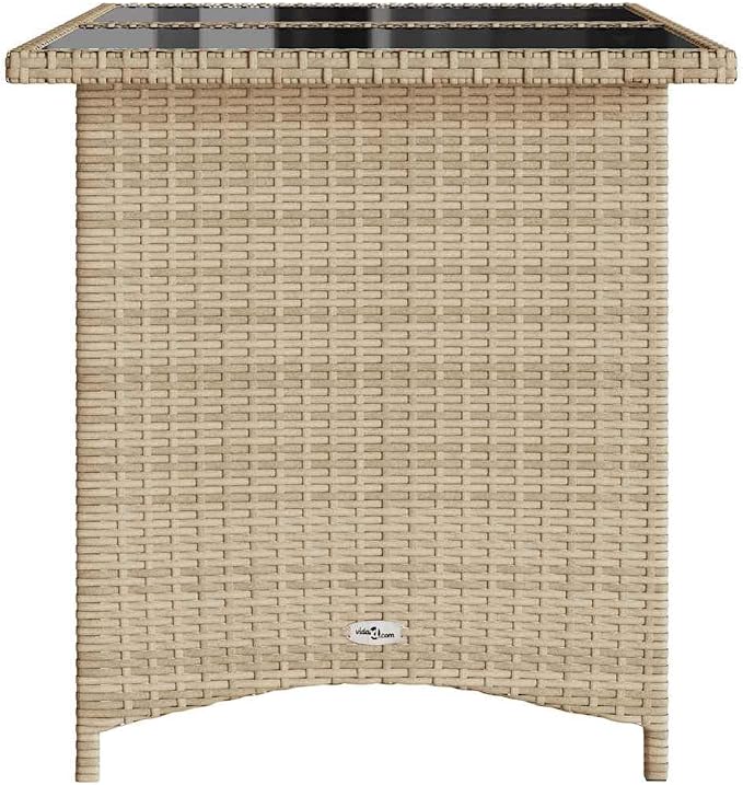 Beige Garden Table Rectangular with PE Rattan, Powder-Coated Steel Frame, and Tempered Glass Top for Outdoor Dining