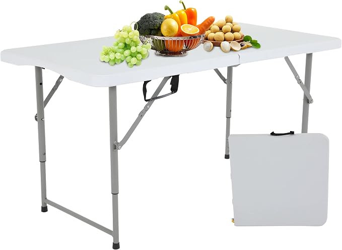 34" Folding Card Table, Heavy Duty HDPE Square Table, Fold-in-Half Portable Design with Carry Handle, Indoor Outdoor Utility Dining Table for Picnic, Camping, 330 lbs (White, 4FT)