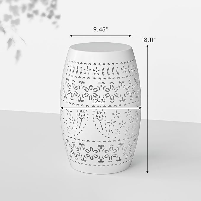 Iron Side Table for Outdoor Porch - White Cute Round Hollow Drum End Tables - Small Decorative Round Accent Table for Balconies or Patios
