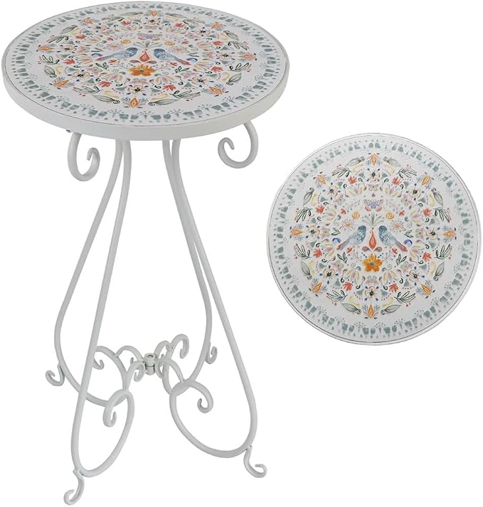 Vintage Outdoor Side Table Round Mosaic Ceramic Tile Top 14" Diameter Metal Plant Stand for Flower Pots Vase Garden Home Porch Pool Indoor Decor Weather Resistant Outside Patio Accent End Furniture