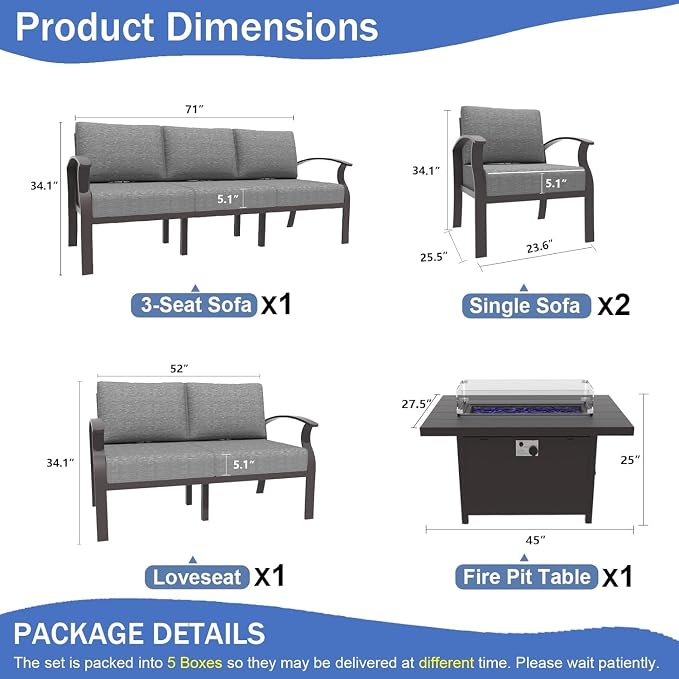 Kullavik Aluminum Patio Furniture Set,5 Piece Modern Metal Outdoor Patio Furniture w/5.1'' Thick Cushion and 45" Propane Fire Pit Table,Patio Conversation Sets for Porch,Deck,Grey