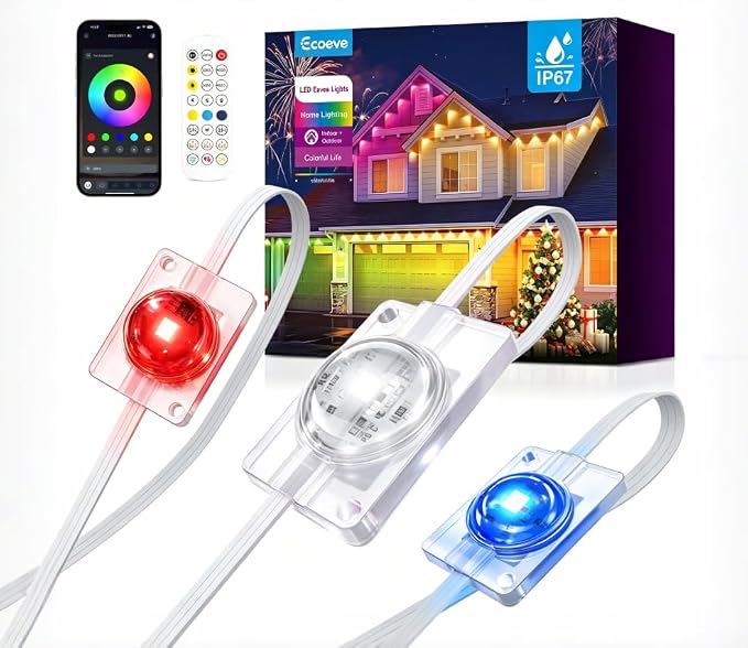 Smart 51ft Permanent Outdoor Architectural Roof Lights, RGB+IC | 16 million color changing via App or remote control; IP67 waterproof & 50 scenes for house, holiday, party & Christmas decor.