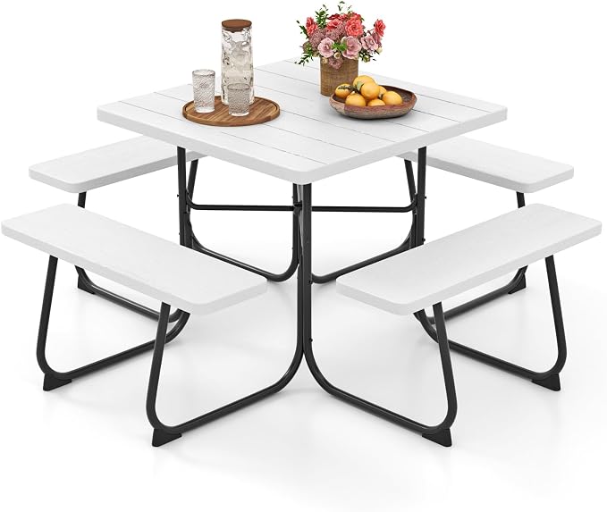 HAPPYGRILL 4-8 Person Square Picnic Table Bench Set with Umbrella Hole, Outdoor Camping Table with HDPE Material and Sturdy Metal Frame for Patio, Garden and Backyard, White