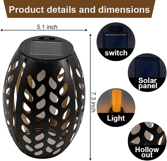 2PCS Solar Table Lanterns Flickering Flame Waterproof Black Leaf | Metal Hollow Black Leaf Design, Waterproof, 7.3" H, For Tabletop Garden Patio Decor
