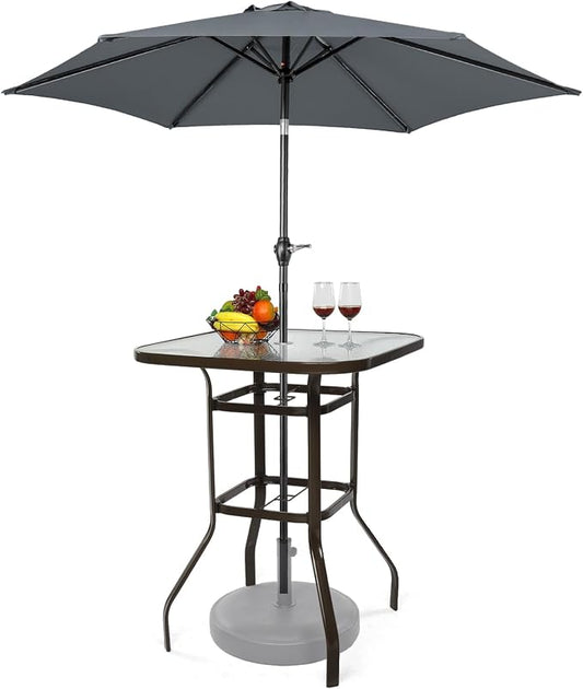 VINGLI Patio Bistro Table with Umbrella, 31.5" Square Outdoor Metal Beer Set with 40.3" Tall Glass Top, 7.5FT Tilt Crank Umbrella with Water-Resistant Fabric for Garden Pool Deck (Gray)